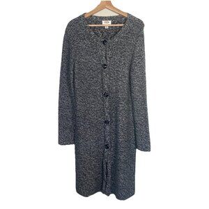 Talbots Long Line Cardigan Wool Cashmere Angora Black‎ White Buttons Office Sz L